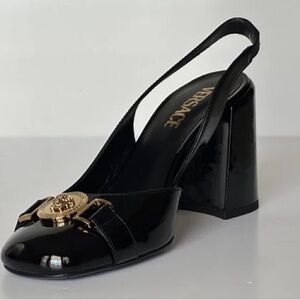 Sold on EBay! Versace Medusa Black Patent Leather Heels with Gold Slingback